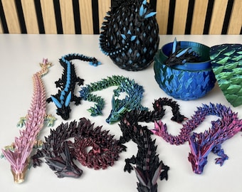 Dragon Articulé – Dragon Flexible Imprimé en 3D avec Œuf en Option, Figurine Fantastique, Décoration de Bureau, Fabriqué en France