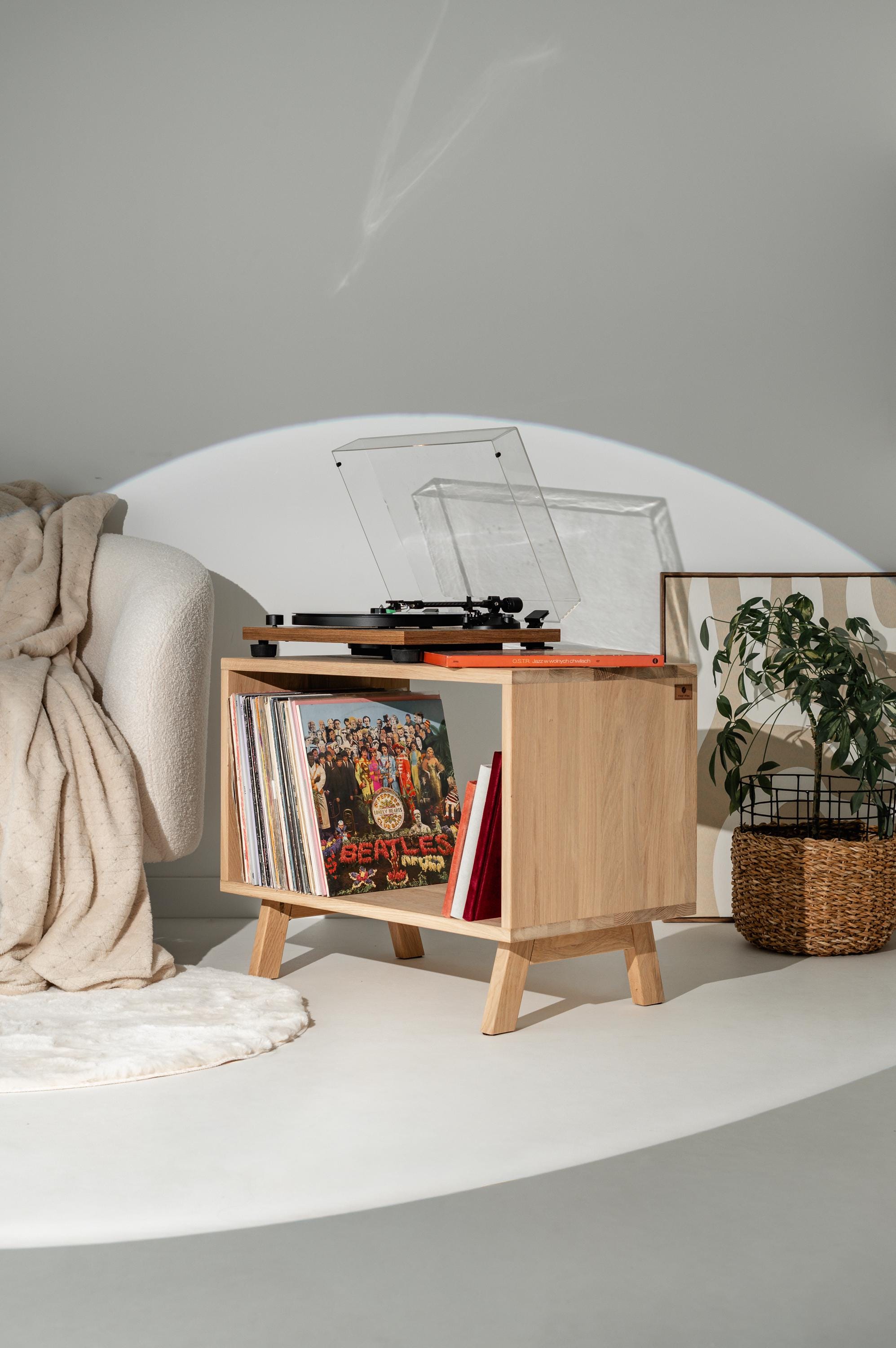 Mobile vinili esclusivo, mobile giradischi rovere, mid-century modern, mobile TV legno, porta vinili, supporto per giradischi in legno