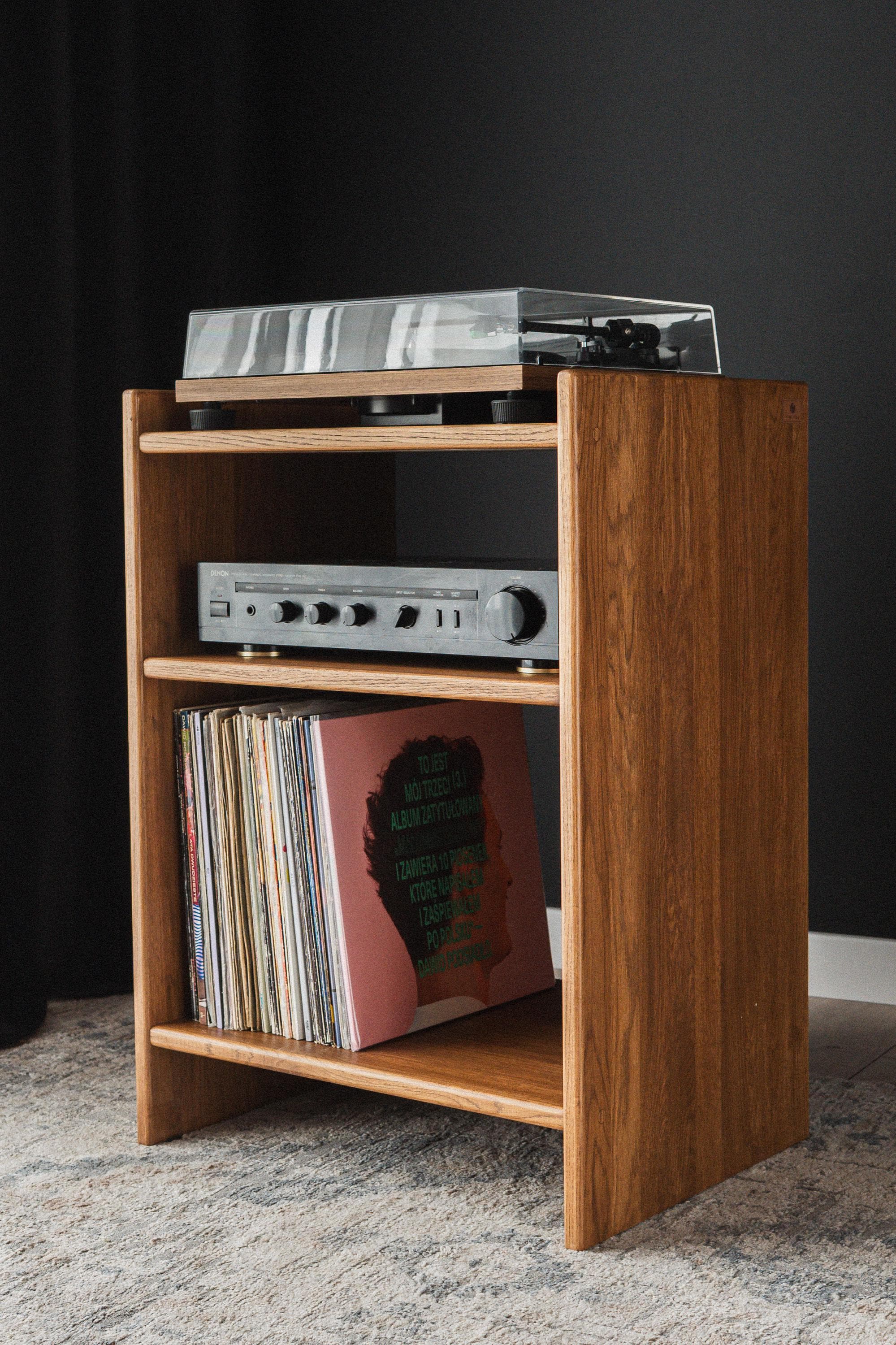 Mobile vinili esclusivo, mobile giradischi rovere, mid-century modern, mobile TV legno, porta vinili, supporto per giradischi in legno