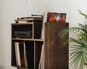Eikenhouten vinylplatenstandaard, industriële draaitafelkast, eikenhouten tv-meubel voor loft, LP-organizer, massief hout, Pools eikenhout vakmanschap