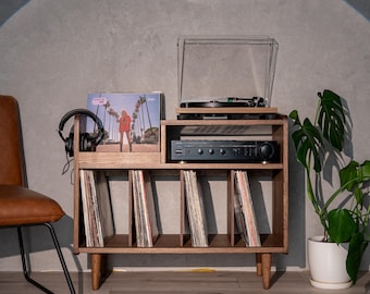 Seattle Grunge - Platine vinyle et meuble à disques vinyles en chêne | Support Hi-Fi | Rangement pour disques vinyles |Étagère audio en bois