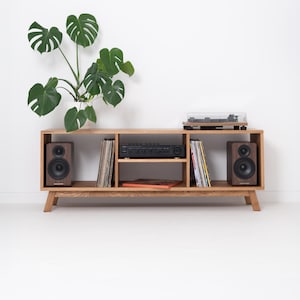 May include: A light brown wooden media console with four open compartments. It holds two dark wood speakers, a black audio receiver, a turntable, and vinyl records. A potted monstera plant with large green leaves sits on the left side.