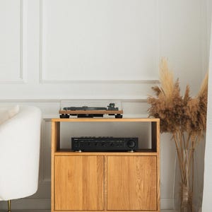 Turntable stand and vinyl record cabinet, wooden stereo console, media unit for LP storage, vinyl shelf, record player furniture