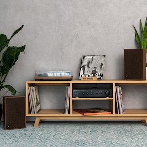Plattenspieler-Schrank aus Holz mit Regal für Vinylplatten. Stilvolle Stereo-Konsole zur Aufbewahrung und Präsentation von LPs.