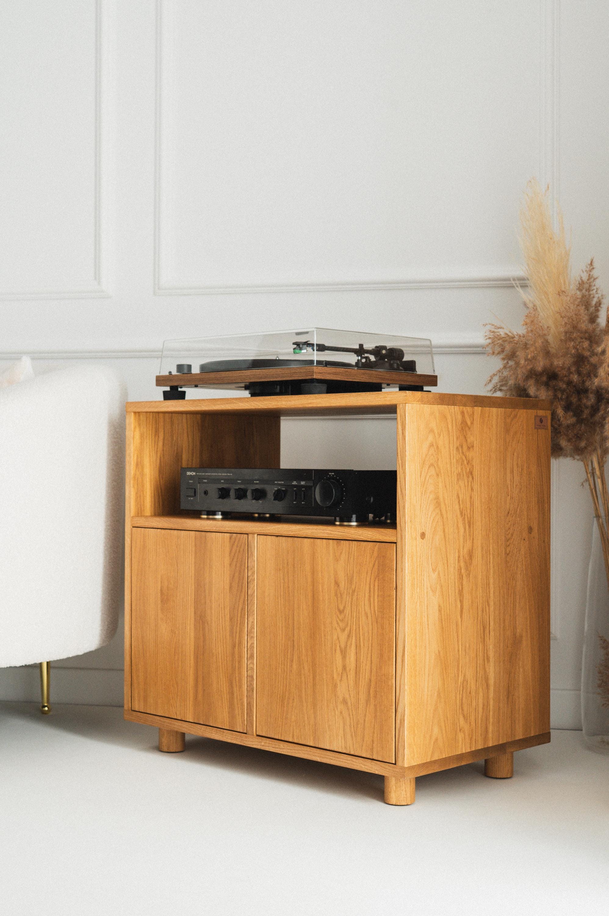 Mobile TV legno, mid-century modern, mobile giradischi rovere premium, mobile vinili esclusivo, rack vinili, giradischi in legno massello