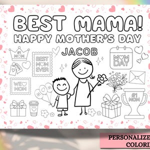 Página para colorir para imprimir sobre o Dia das Mães, jogo americano para colorir sobre o Dia das Mães, presente editável para o Dia das Mães, colorir para o Dia das Mães, cartão para o Dia das Mães