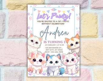 Cat Birthday Invite, Cat Birthday Invitation, Cat Invitation, Cute Cats Birthday Invite, Kitty and Friends Birthday Invitation, Cat Invite