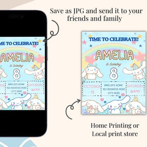 May include: A printable birthday invitation featuring a rainbow, stars, and a cartoon character. The invitation says "Time to Celebrate! Amelia is turning 8."  It includes the date, time, and location of the party.