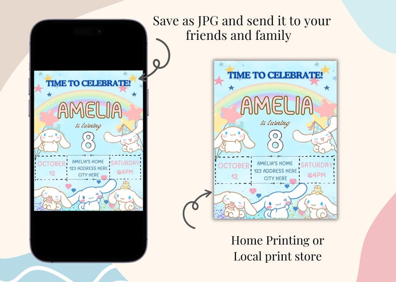 May include: A printable birthday invitation featuring a rainbow, stars, and a cartoon character. The invitation says "Time to Celebrate! Amelia is turning 8."  It includes the date, time, and location of the party.