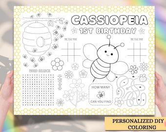 Bee First Birthday Placemat: Personalized Coloring Page (Editable Canva Template)