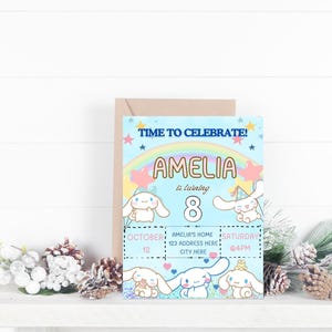 May include: A blue and pink birthday invitation with a rainbow and stars. The invitation says "Time to Celebrate! Amelia is turning 8." It also includes the date, time, and location of the party.