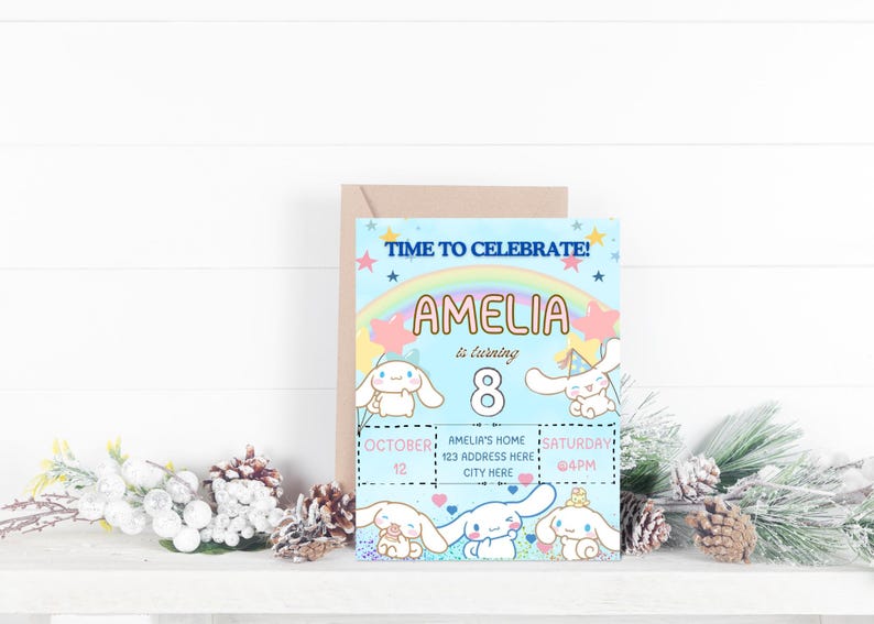 May include: A blue and pink birthday invitation with a rainbow and stars. The invitation says "Time to Celebrate! Amelia is turning 8." It also includes the date, time, and location of the party.
