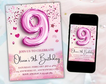 Pink 9th Birthday Invitation Template: Glitter Rainbow (Editable in Canva)
