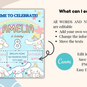 May include: A blue and pink birthday party invitation with a rainbow, stars, and cartoon characters. The text reads "Time to Celebrate! Amelia is turning 8. October 12, Amelia's Home, 123 Address Here, City Here, Saturday @4PM".
