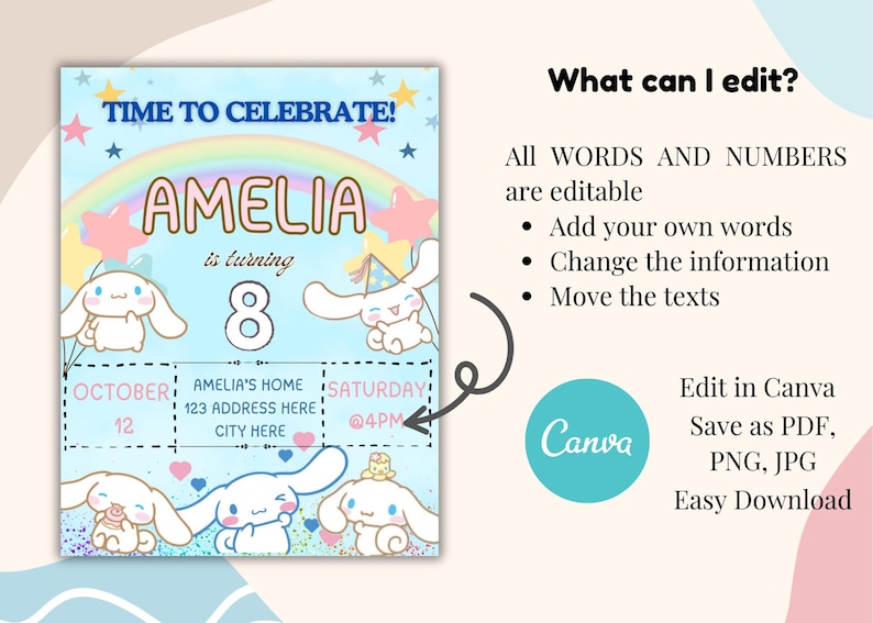 May include: A blue and pink birthday party invitation with a rainbow, stars, and cartoon characters. The text reads "Time to Celebrate! Amelia is turning 8. October 12, Amelia's Home, 123 Address Here, City Here, Saturday @4PM".