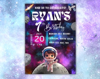 May include: A space-themed birthday invitation for Ryan's 7th birthday party. The invitation features a cartoon astronaut in a spacesuit standing on a moon with a galaxy background. The text on the invitation reads "JOIN US TO CELEBRATE! RYAN'S 7th Birthday SATURDAY JULY 20 @ 1 PM MARIAH CALI RESORT TALAVERA, NUEVA ECIJA RSVP: 123-456-789"