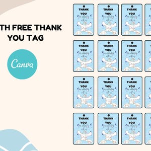 May include: Twenty blue thank you tags with a white border. Each tag features a cartoon illustration of a white bear wearing a blue hat and holding a blue balloon. The text "THANK YOU for celebrating with us" is printed in black on each tag.