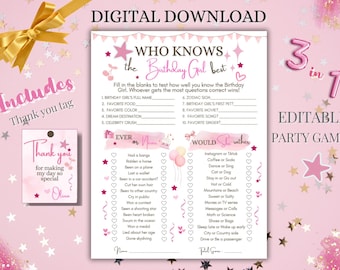 Who Knows The Birthday Girl Best, Editable Printable Pink Birthday Game, Teens Tweens Birthday Party Games, Birthday Games bundle