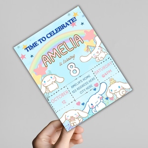May include: A blue and pink birthday invitation with a rainbow and stars. The invitation says "Time to Celebrate! Amelia is turning 8. October 12, Amelia's Home, 123 Address Here, City Here, Saturday @4PM".