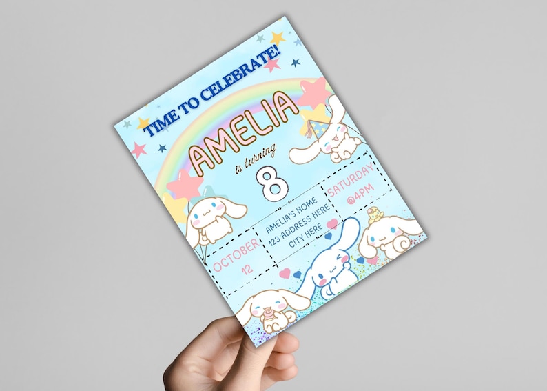 May include: A blue and pink birthday invitation with a rainbow and stars. The invitation says "Time to Celebrate! Amelia is turning 8. October 12, Amelia's Home, 123 Address Here, City Here, Saturday @4PM".
