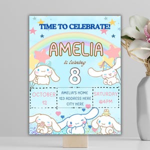 May include: A blue and pink birthday party invitation with a rainbow, stars, and a cartoon character. The invitation says "TIME TO CELEBRATE! AMELIA is turning 8. OCTOBER 12. AMELIA'S HOME 123 ADDRESS HERE CITY HERE. SATURDAY 4PM."