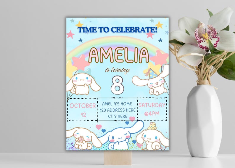 May include: A blue and pink birthday party invitation with a rainbow, stars, and a cartoon character. The invitation says "TIME TO CELEBRATE! AMELIA is turning 8. OCTOBER 12. AMELIA'S HOME 123 ADDRESS HERE CITY HERE. SATURDAY 4PM."
