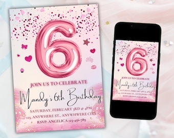 Pink 6th Birthday Invitation Template: Rainbow Glitter (Editable in Canva)