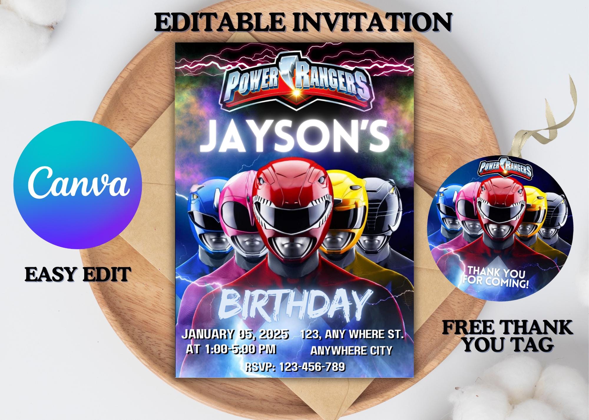 Power Rangers Birthday Invitation: Editable Canva Template (digital ...