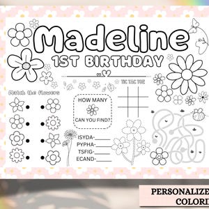 Tovaglietta MODIFICABILE per la festa del primo compleanno di una margherita. Decorazione da colorare con nome personalizzato, pagina da colorare con fiori, tovaglietta di compleanno con fiori.