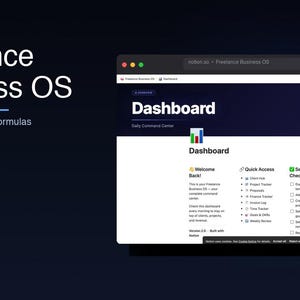 Könnte beinhalten: Eine digitale Benutzeroberfläche mit dem Titel Freelance Business OS, die ein Dashboard mit Bereichen für Schnellzugriff und eine Einrichtungs-Checkliste zeigt. Das Layout enthält Module für Kunden-, Projekt-, Finanz- und Zeitverfolgung.
