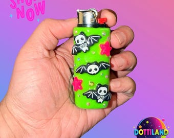 Green And Pink Skeleton Bat  Lighter Case | Hand Sculpted With Polymer Clay