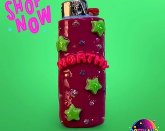 Burgundy ‘Worthy’ Lighter Case W/ Stars | Hand Sculpted With Polymer Clay & Painted