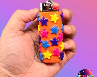 Orange With Glitter Stars BIC Lighter Case | Hand Sculpted With Polymer Clay