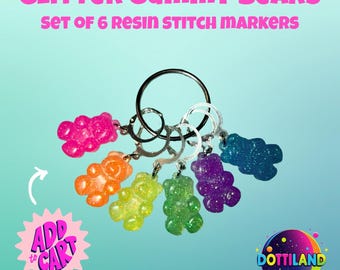 Glitter Gummy Bear Stitch Markers | UV Resin Crochet Tools, Set of 6