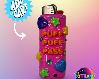 NEW Full-Color Pink ‘Puff Puff Pass’  BIC Lighter Case | Hand Sculpted With Polymer Clay | Kawaii Accessories
