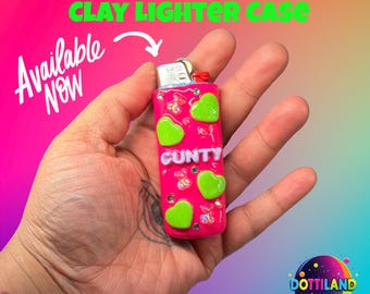 NEW Full-Color Pink & Green ‘Cunty’  Lighter Case | Hand Sculpted With Polymer Clay | Glitter Hearts | Kawaii Accessories