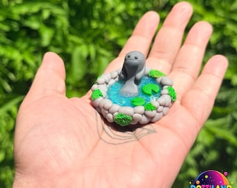 Manatee Pond | Handsculpted Tiny Manatee In 2” Pond | Cute Desk Trinkets