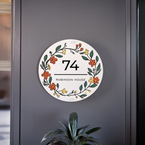 Orange Flower Framed White Metal Room Number Sign, Address Numbers for Doors, House Number Sign Mailbox, Personalized House Numbers