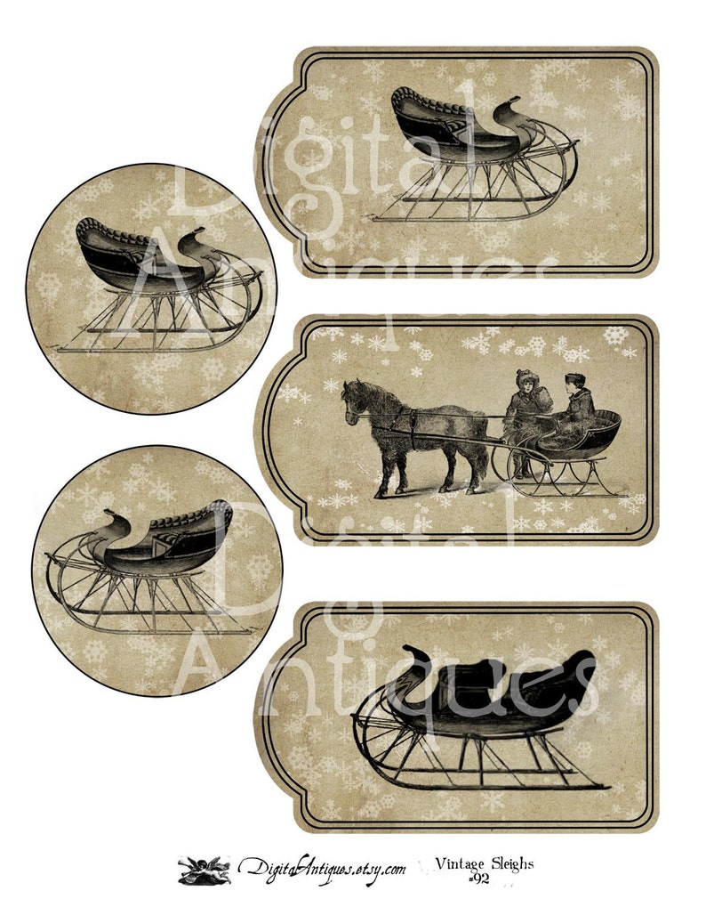 Antique Sleigh Snowflake Winter Tags Digital Download