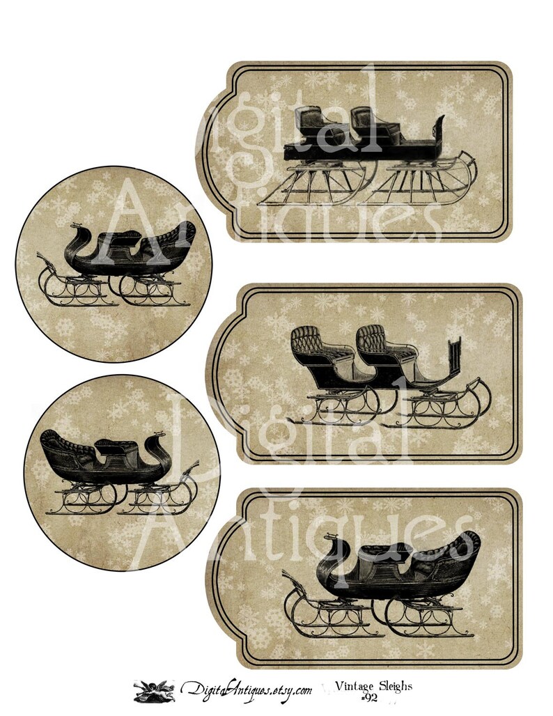 Antique Sleigh Snowflake Winter Tags Digital Download