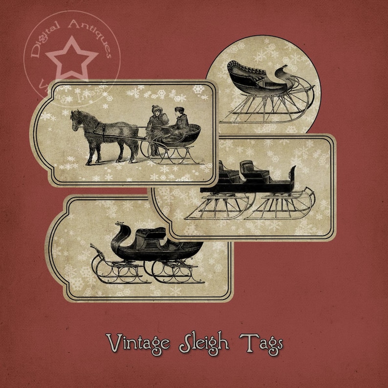 Antique Sleigh Snowflake Winter Tags Digital Download