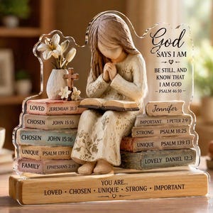 Personalized God Says I Am 2D Flat Wooden decor, Wooden “God Says I Am” Scripture Block Set – Faith-Bible Verse Display Desk Printed Decor