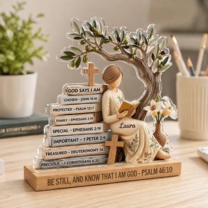 May include: A decorative wooden and acrylic religious figurine featuring a woman reading a book under a tree with olives. The base reads "BE STILL, AND KNOW THAT I AM GOD - PSALM 46:10". The figurine includes a cross and stacked books with Bible verses.