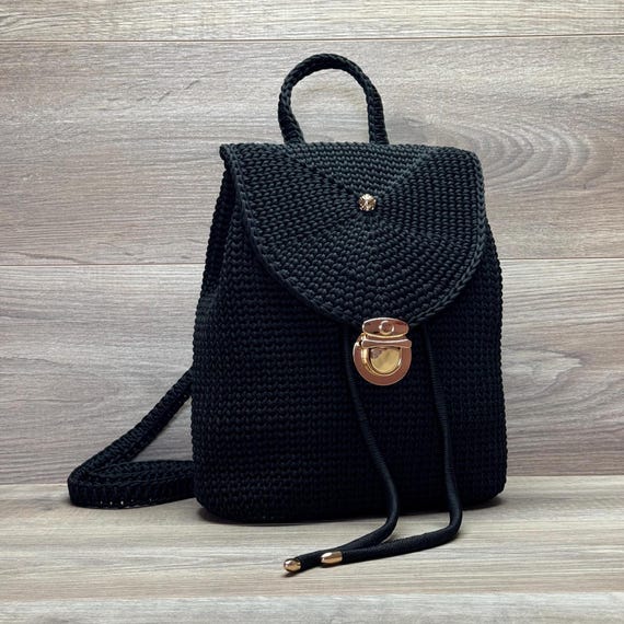 Hand knitted unique elegant backpack Handmade Knit Backpack: Vegan Leather Straps, Drawstring  main image 2