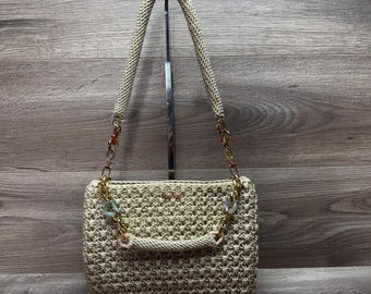 Handgemaakte gehaakte tas: beige polypropyleen clutch met kettinghengsels