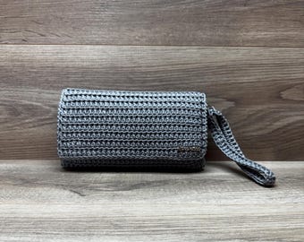 Handgemaakte grijze corduroy clutch: elegante minitas