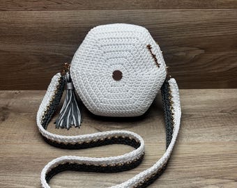 а через плечо ручной работы Hexa Twist Crochet: сторонняя, елого en серого еов