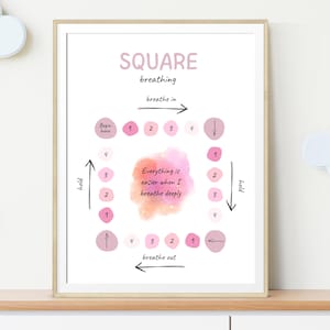 Póster rosa de rincón relajante, póster de respiración en caja, póster educativo, decoración de oficina de asesoramiento, salud mental, técnicas de conexión a tierra, ansiedad, terapia cognitivo conductual.