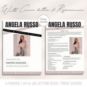 Modelo de currículo profissional de designer gráfico Currículo moderno em tela com carta de apresentação e referências CV com foto Designer de moda CV criativo
