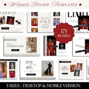 May include: A collection of 175 website banner templates for online stores. The banners feature a variety of designs, including black and white, red and white, and gold and white. The banners are perfect for promoting sales, new products, and special events.